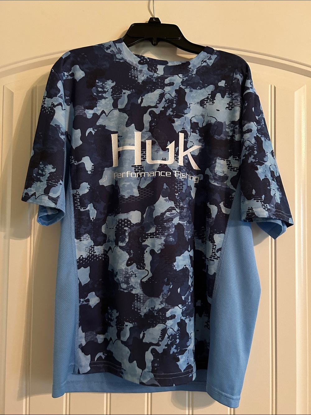 Huk Blue Camo Performance Tee with Light Blue Panels
